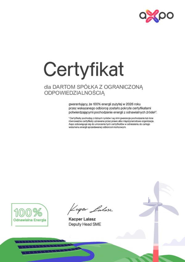 Certyfikat AXPO - 100% zielonej energii 